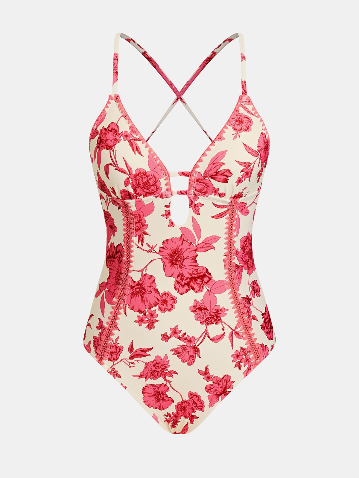 CUPSHE Women's One Piece Swimsuit Plunging V Neck Shell Stitch Bathing Suit Self Tie Adjustable Cutouts Swimwear, M Pink/Floral