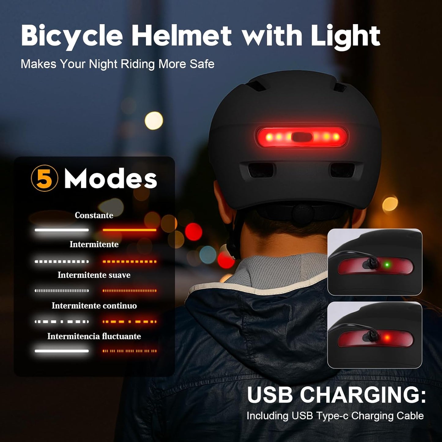 Shinmax Bike Helmet - Adult Cycling Helmet with USB Rechargeable LED Lights for Men & Women