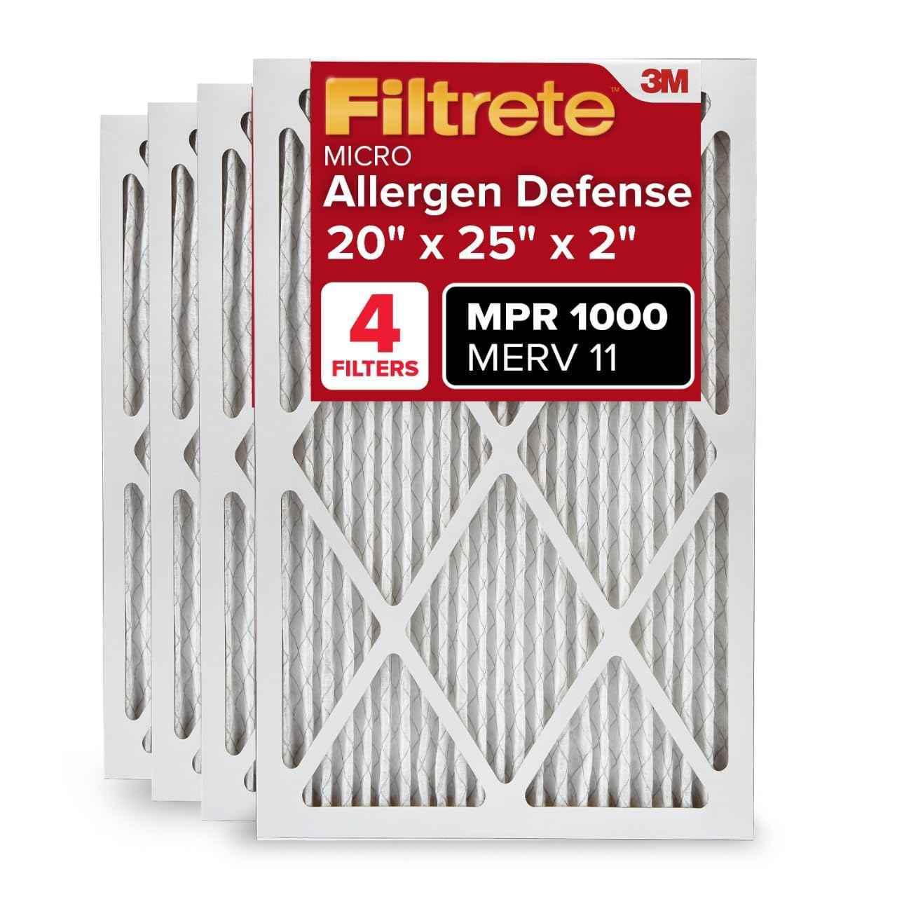 Filtrete 20x25x2 AC Furnace Air Filter, MERV 11, MPR 1000, Allergen Defense, 3-Month Pleated 2-Inch Electrostatic Air Cleaning Filter, 4 Pack (Actual Size 19.5 x 24.5 x 1.75 in)