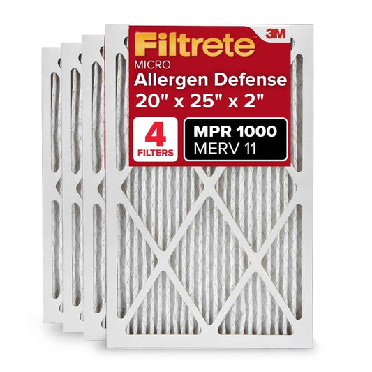 Filtrete 20x25x2 AC Furnace Air Filter, MERV 11, MPR 1000, Allergen Defense, 3-Month Pleated 2-Inch Electrostatic Air Cleaning Filter, 4 Pack (Actual Size 19.5 x 24.5 x 1.75 in)