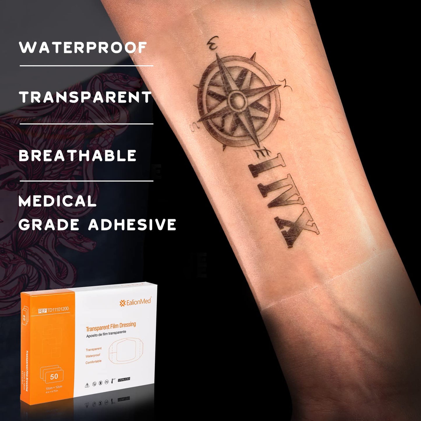 EalionMed Transparent Film Dressing, Waterproof Wound Bandage, Adhesive Patch, 2.75'' W X 2.36'' L, 100 Pack, Clear, Breathable, Comfortable, Shower Shield, Tattoo Aftercare.
