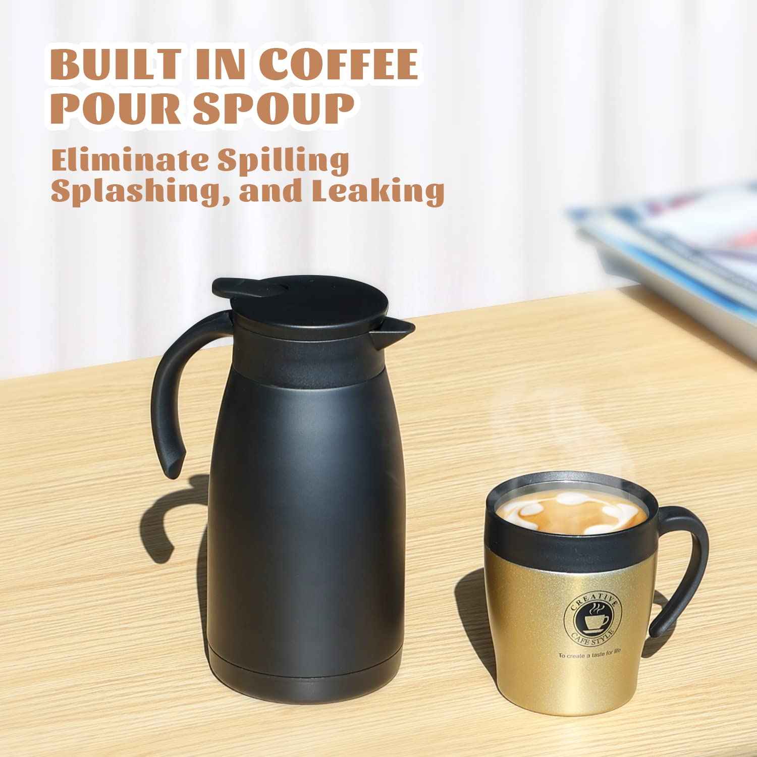 Olerd 34 Oz Thermal Coffee Carafe, Stainless Steel Insulated Vacuum Coffee Carafes For Keeping Hot, 1 Liter Tea, Water, and Coffee Beverage Dispenser(Black)