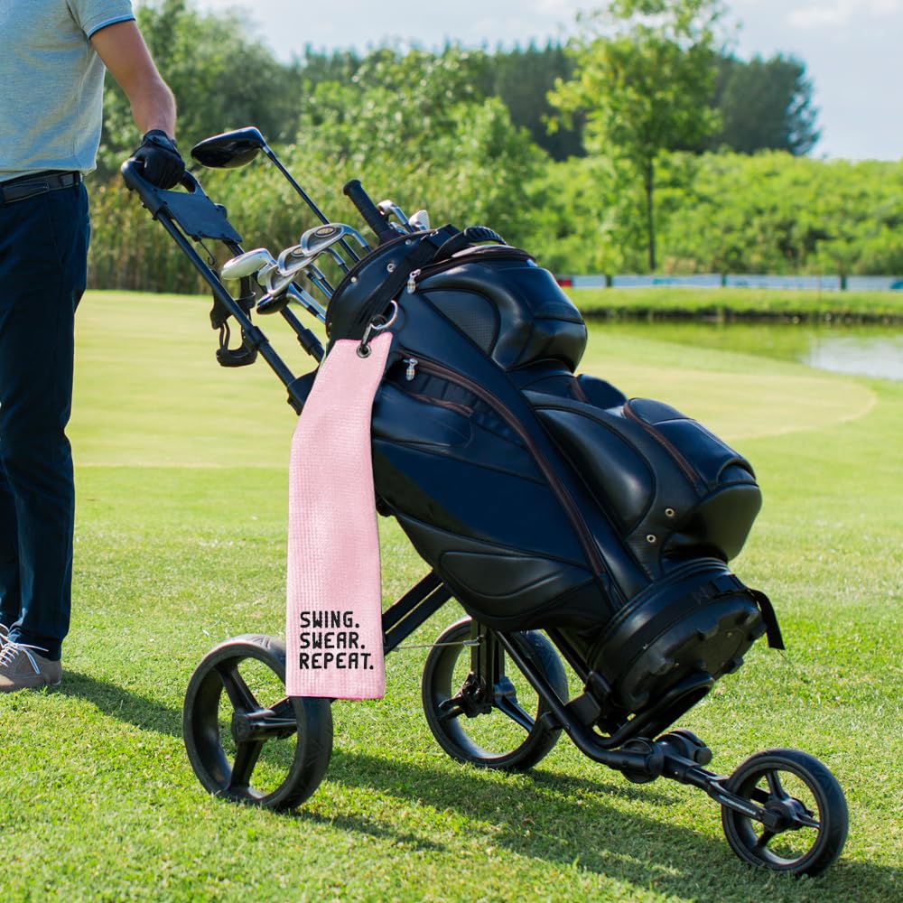 WUUCKOO Swing Swear Repeat Embroidered Pink Golf Towel, Funny Towels for Golf Bags with Clip, Mother Day Retirement Birthday Gifts for Grandma Mom Sister Aunt Golfer Sport Lover, Ladies Golf Towel