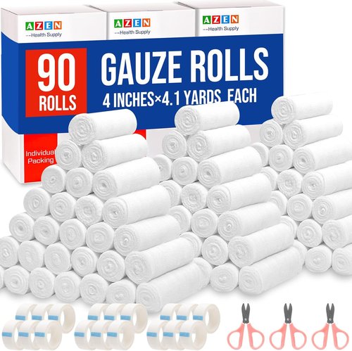 AZEN Gauze Rolls Bandages - 90 Pack of Premium Medical Supplies | 4 in x 4.1 Yards Mummy Wraps