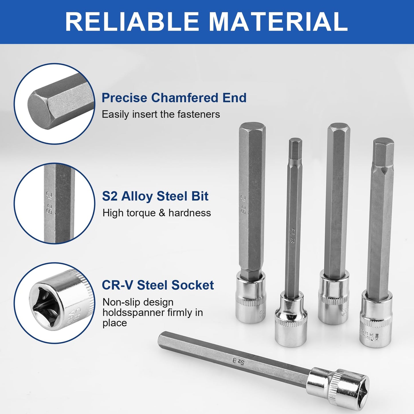 Feikenee 20PCS Extra-Long Allen Hex Bit Socket Set, 3/8 Inch Drive Allen Socket Set, SAE & Metric(1/8"-7/16", 3-12mm), CR-V and S2 Alloy Steel