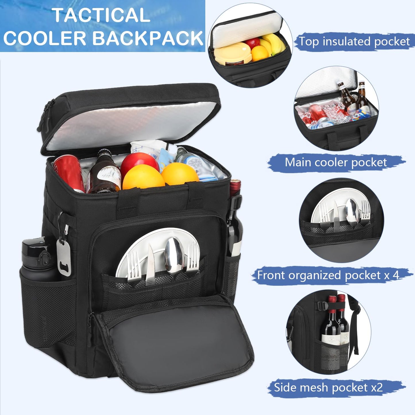 BISKLNDN Tactical Cooler Backpack - 42 Cans Backpack Coolers Insulated Leak Proof for Men & Women, Soft Cooler Insulated Backpack for Lunch, Work, Camping, Hiking, Picnic, Beach & Travel, Black
