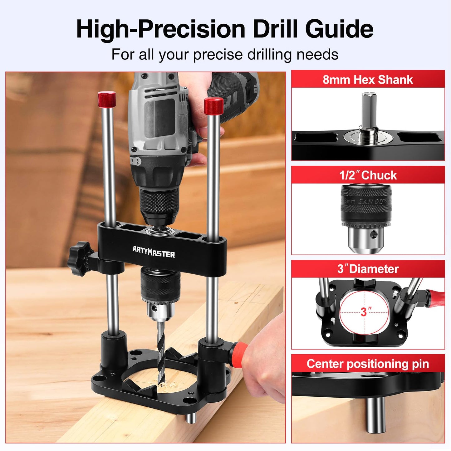 ArtyMaster Portable Drill Guide for Straight Holes, Portable Drill Press Adapter for Hand Drill, Stable & Accurate, Includes Chuck Key, Drill Straight Hole Jig for Woodworking, DIY WT116A