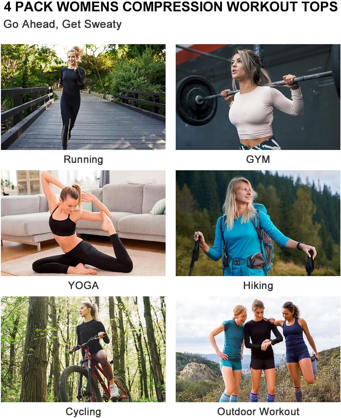 Skiennix Women's Long Sleeve Compression Shirts - Dry Fit Athletic Tops for Yoga & Running | 4-Pack