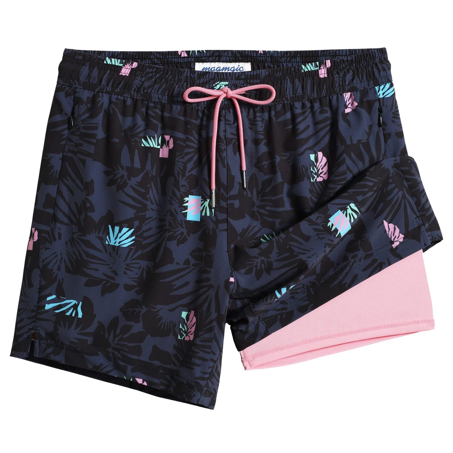 maamgic Mens Swim Trunks with Compression Liner 5 Inch, Quick Dry Bathing Suit with Zipper Pockets, Stretch No-Chafing Swim Shorts, Black-Plant Silhouette X-Large