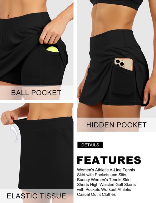 Buauty Women's Tennis Skirt Shorts High Waisted Golf Skorts Workout Athletic Casual Outfit Clothes Black L