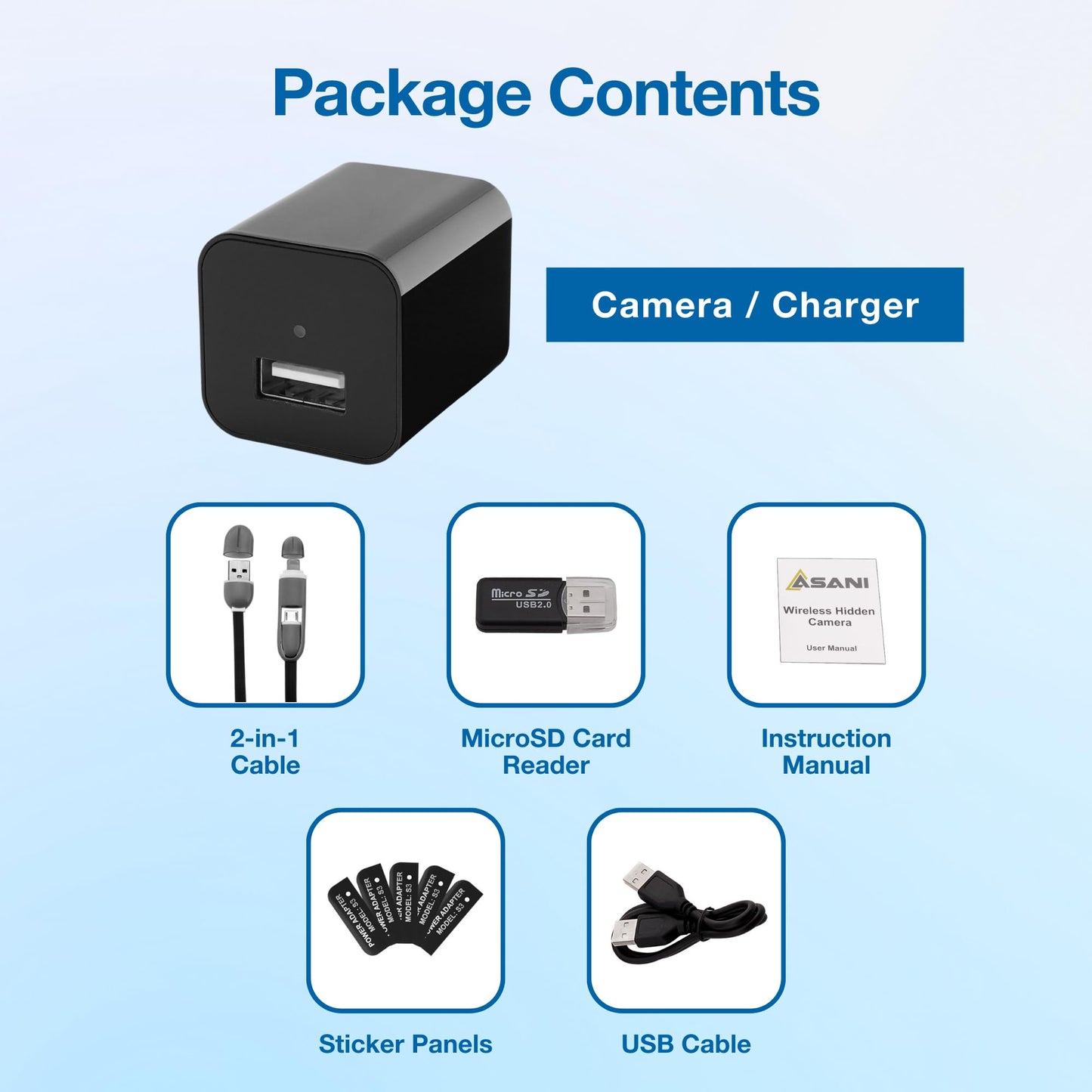 Asani Hidden Spy Camera USB Charger - Records Video ONLY - Home & Office Security Nanny Cam with Micro SD Card Slot, Motion Detection, 1080P Full HD Video, Ideal for Home Monitoring, Pets