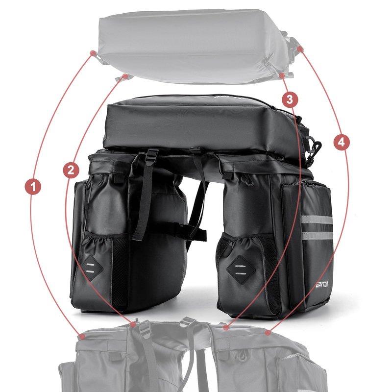 GAVTON 3-in-1 Waterproof Bike Pannier Bag Set 40L Detachable Bicycle Saddle Bag Backpack with Adjustable Shoulder Strap Heavy-Duty Polyester for Commuting Touring Cycling Accessories
