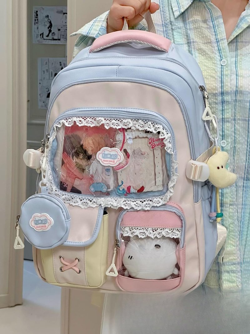 ZQW Kawaii Cute Backpack for Women Y2K Aesthetic Anime ITA Bag with Lace Trim Badges Display Clear Panel Casual Daypack (Blue)