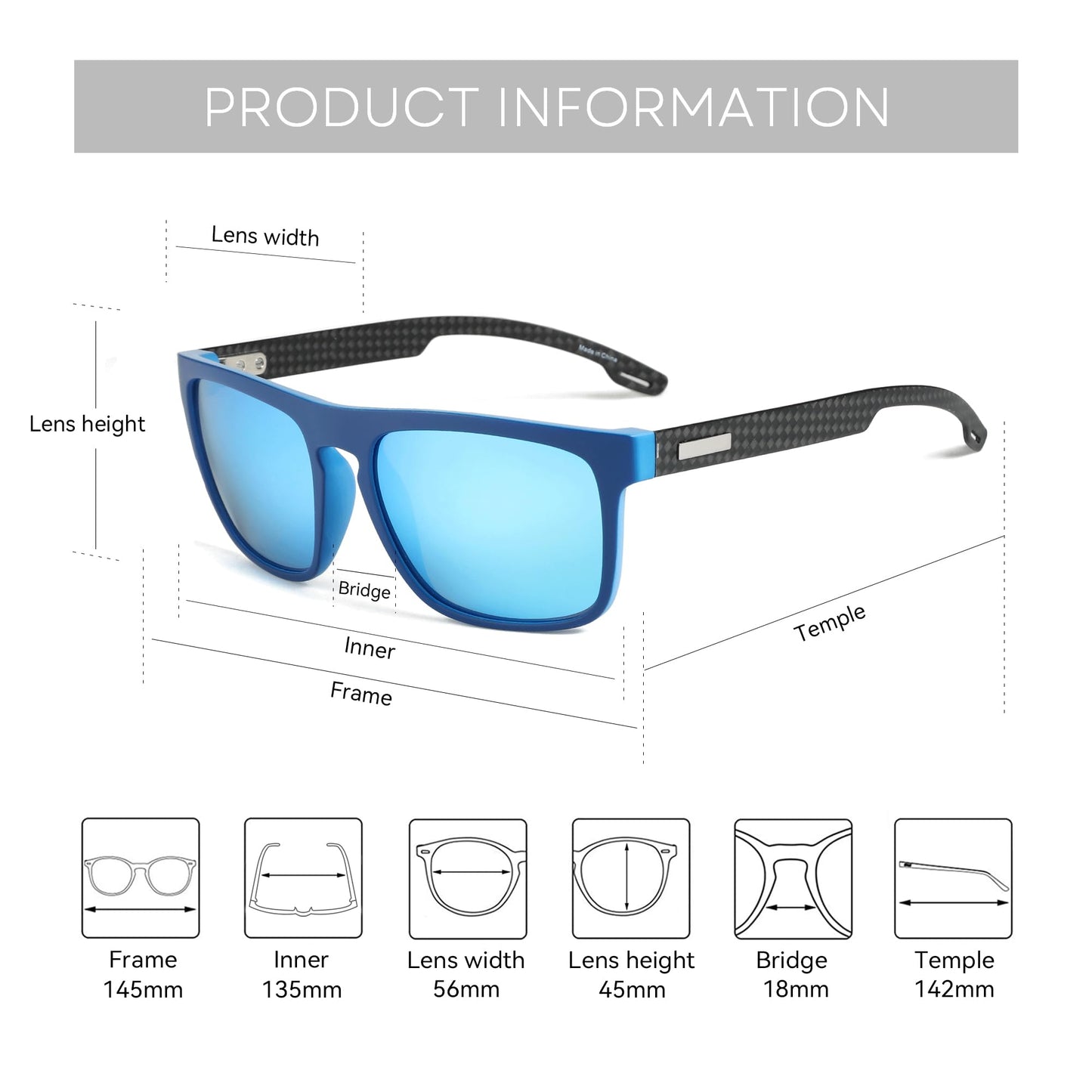 ZENOTTIC Polarized Sunglasses Men Square: Unbreakable TR90 Frame Carbon Fiber Temple UV400 Protection Trendy Sun Glasses Shades for Driving Golf Blue