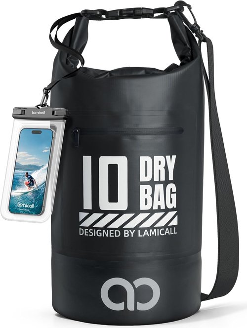 Lamicall Waterproof Dry Bag - 10L Floating Roll Top Backpack with Phone Pouch - Black
