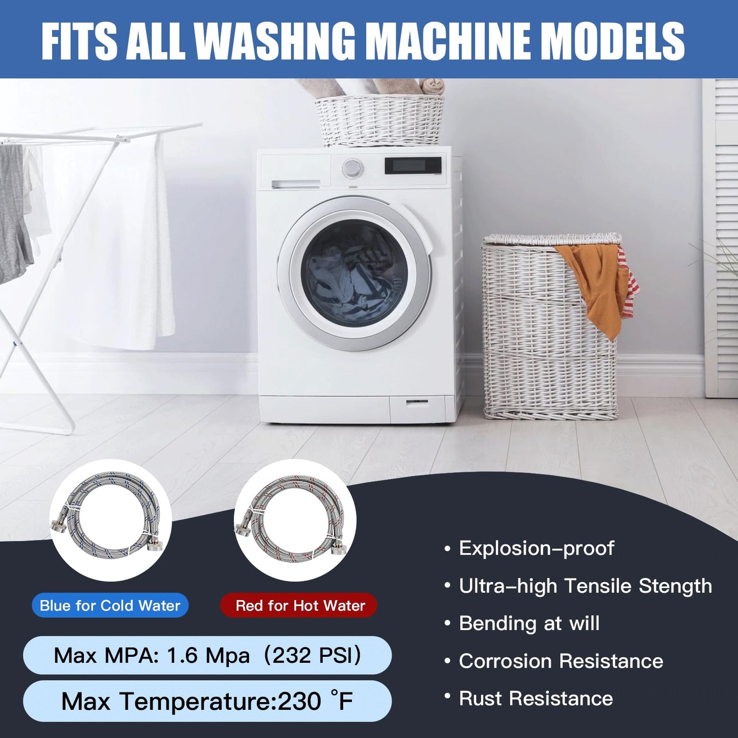 Jmlwlzx Washing Machine Hoses, Universal Premium Stainless Steel 4 Ft Washer Hoses with Burst-Proof Design, Hot and Cold Water Supply Hoses for All Washing Machines-2 Pack