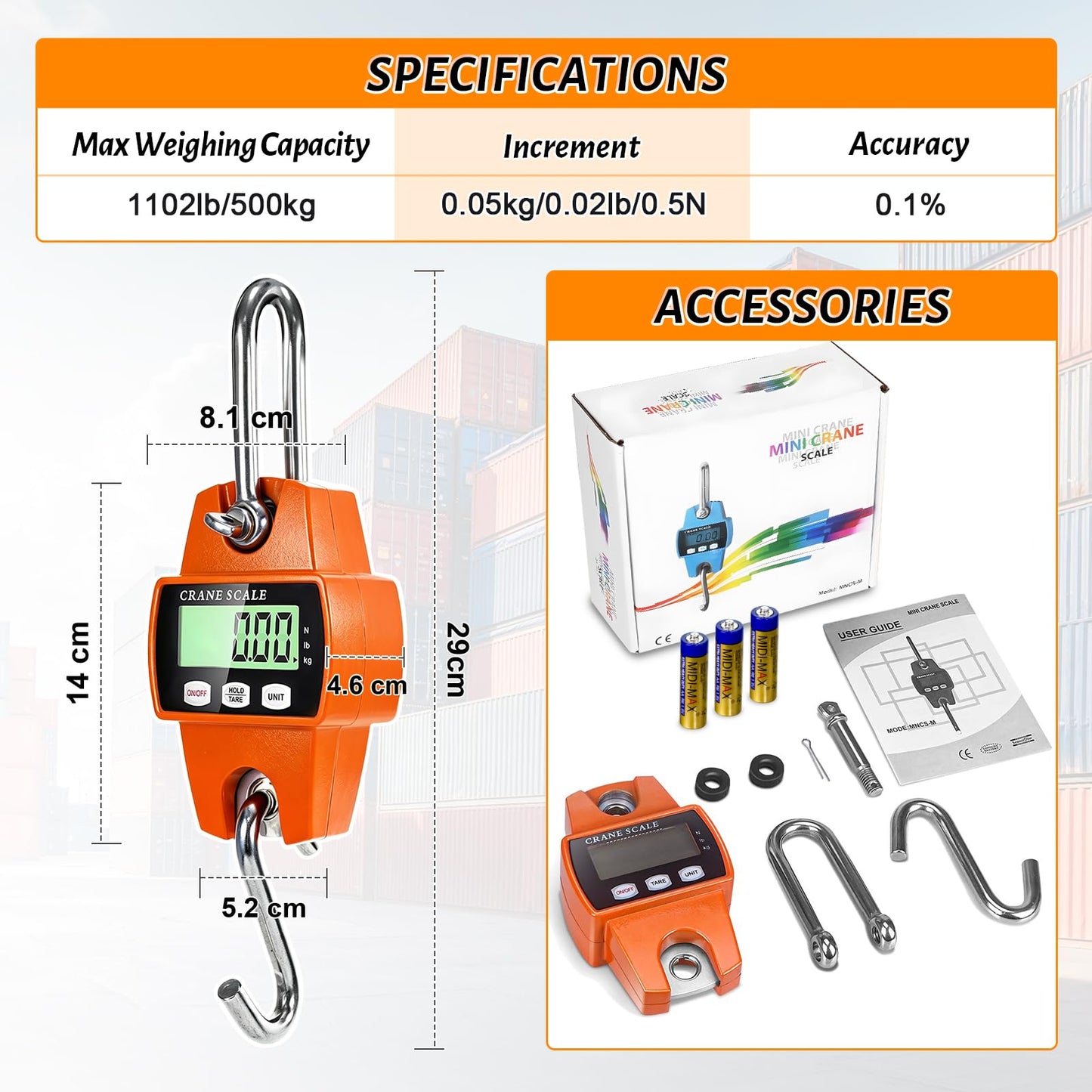 Digital Hanging Scale, 1100lb/500kg Handheld Crane Scale, Small Crane Scale with LCD Display and Hooks, Aluminum Alloy Body for Hunting, Outdoor, Luggage, Farm (Orange)