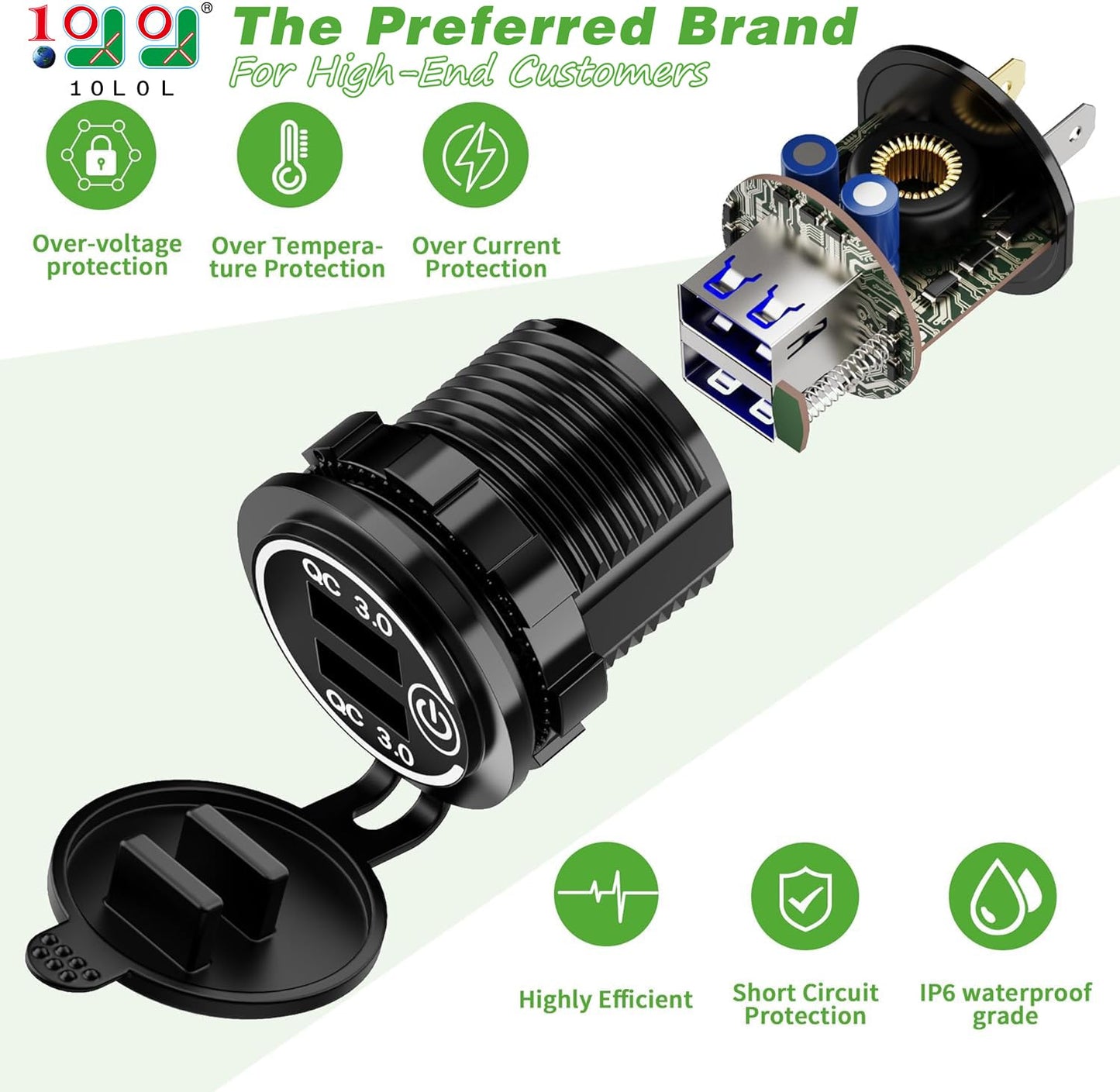 10L0L Golf Cart Quick Charge QC 3.0 Dual USB Charger Socket, 12V-24V USB Outlet for Yamaha EZGO Club Car, 12V Input Double USBs Ports with DIY Cars Port Outlet for Car Boat RV Motorcycle Truck