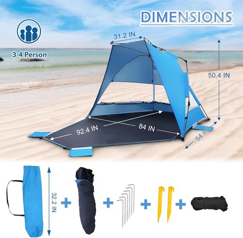 EAGLE PEAK Beach Tent - Instant Pop-Up Canopy with Windows | UPF50+ UV Protection for 3-4 People - Light Blue