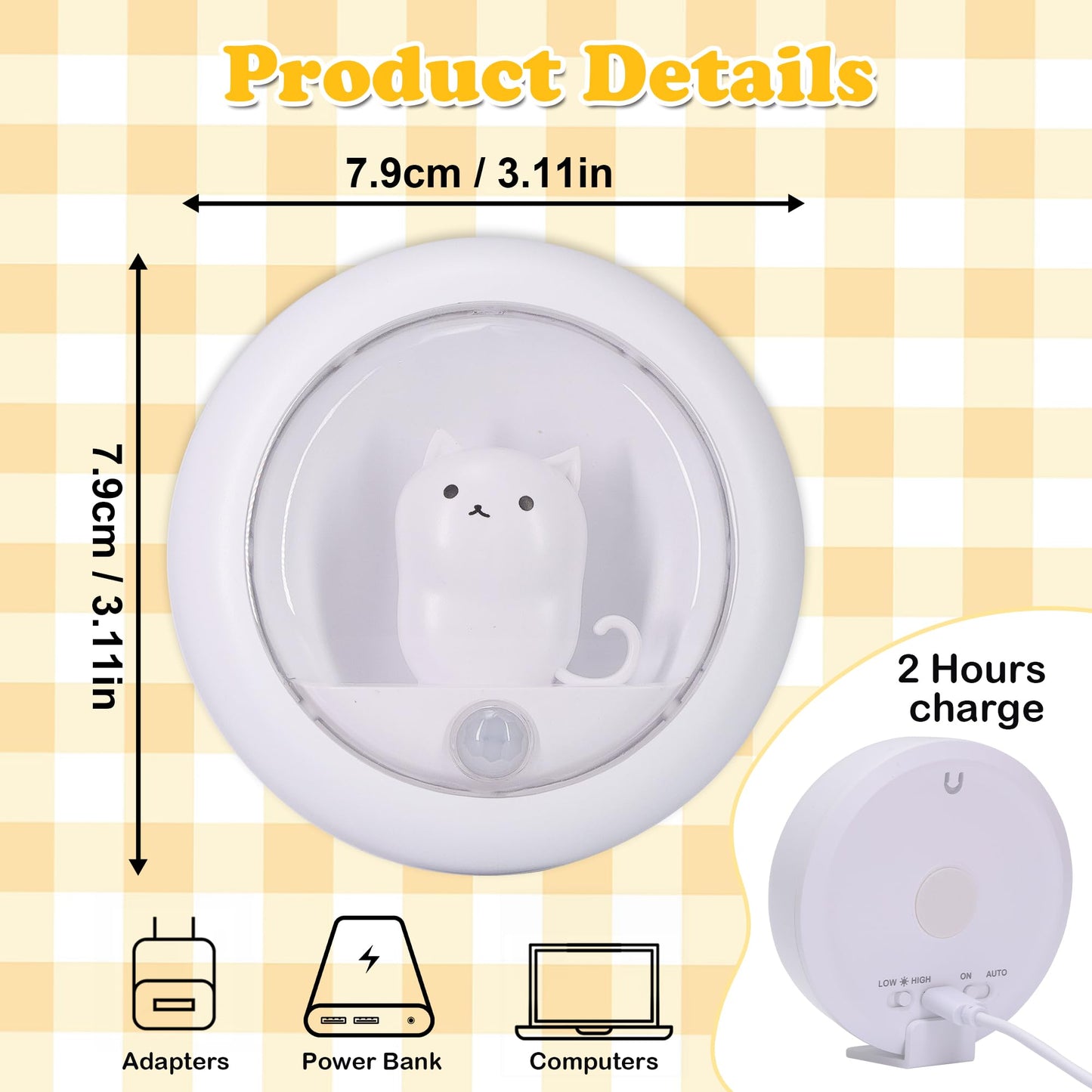 Attivolife Cat Motion Sensor Night Light, Cute Cat Magnetic LED Rechargeable Lamp with Dimmable, Portable Room Bedroom Bathroom Kitchen Wardrobe Stair Locker Wall Decor Lamp for Kid Teen(White x 2)