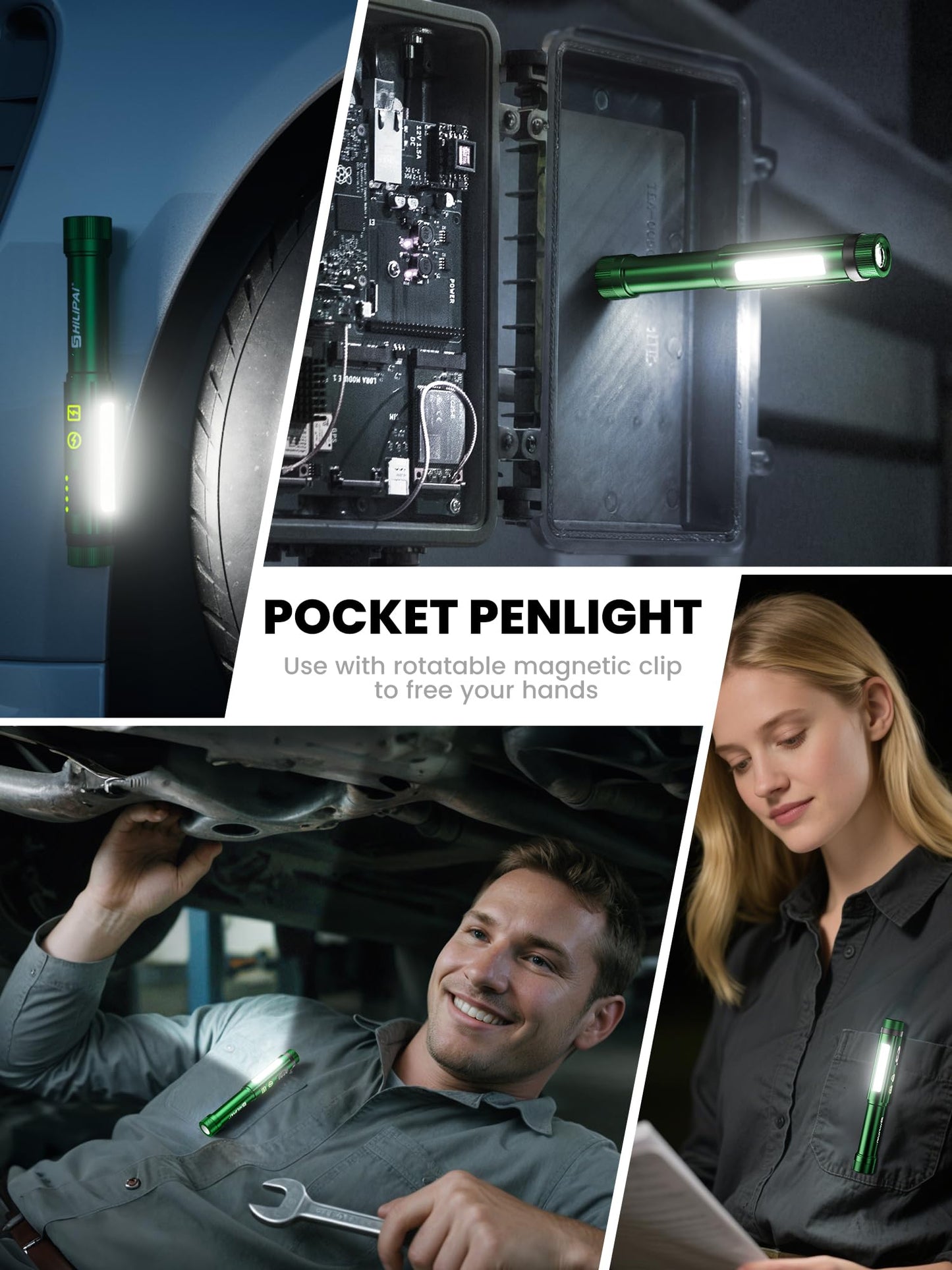 SHiLiPAi Penlight Flashlight, Rechargeable Work Light 600 Lumens COB LED Pen Light with Magnetic Clip, 8 Modes Pocket Flashlight for Nurse, Emergency, EDC (Green)