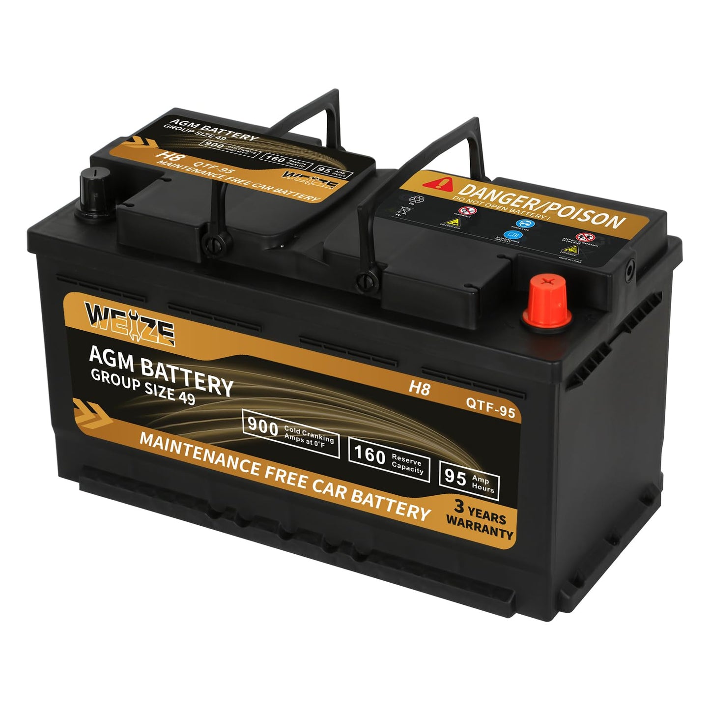 Weize Platinum AGM Battery BCI Group 49-12v 95ah H8 Size 49 Automotive Battery, 160RC, 900CCA, 36 Months Warranty, Dimensions 13.9" L x 6.89" W x 7.48" H