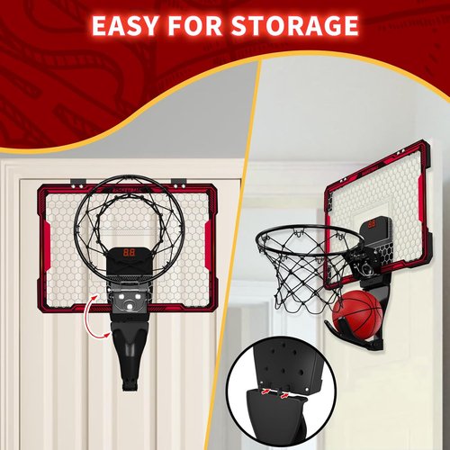 HYES Indoor Basketball Hoop - Mini Over Door Design with 7 LED Lights & Scoreboard | Adjustable Volume, Foldable