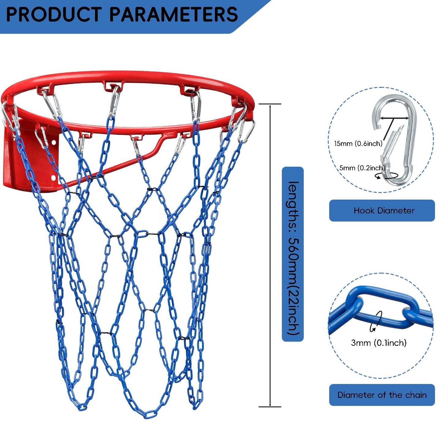 Basketball Net Heavy Duty Replacement,Carbon Steel Chain Basketball net Anti-Rust Use Indoor Outdoor Standard 12 Loops Basketball Hoop,Blue