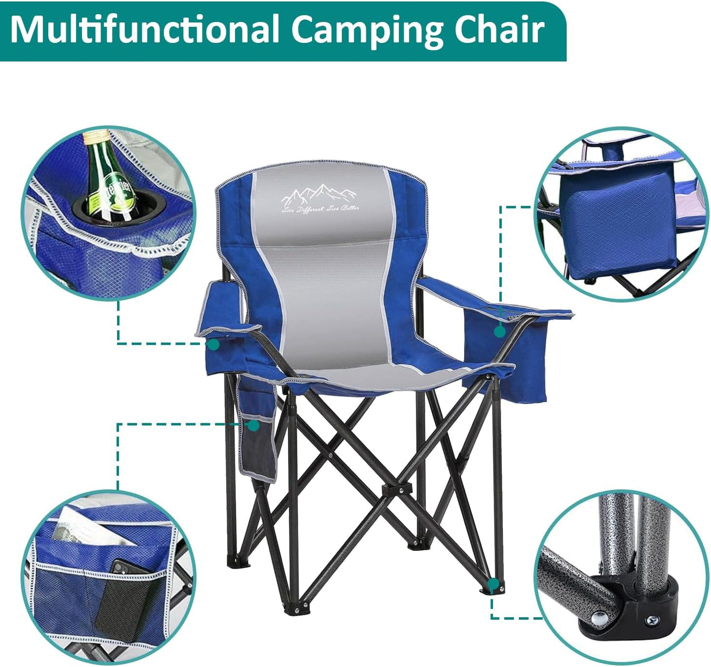 Regine Switzerland Heavy Duty Camping Chairs - 500lbs Capacity, High Back, Portable with Cooler Bag & Cup Holder, Blue | 2 Pack