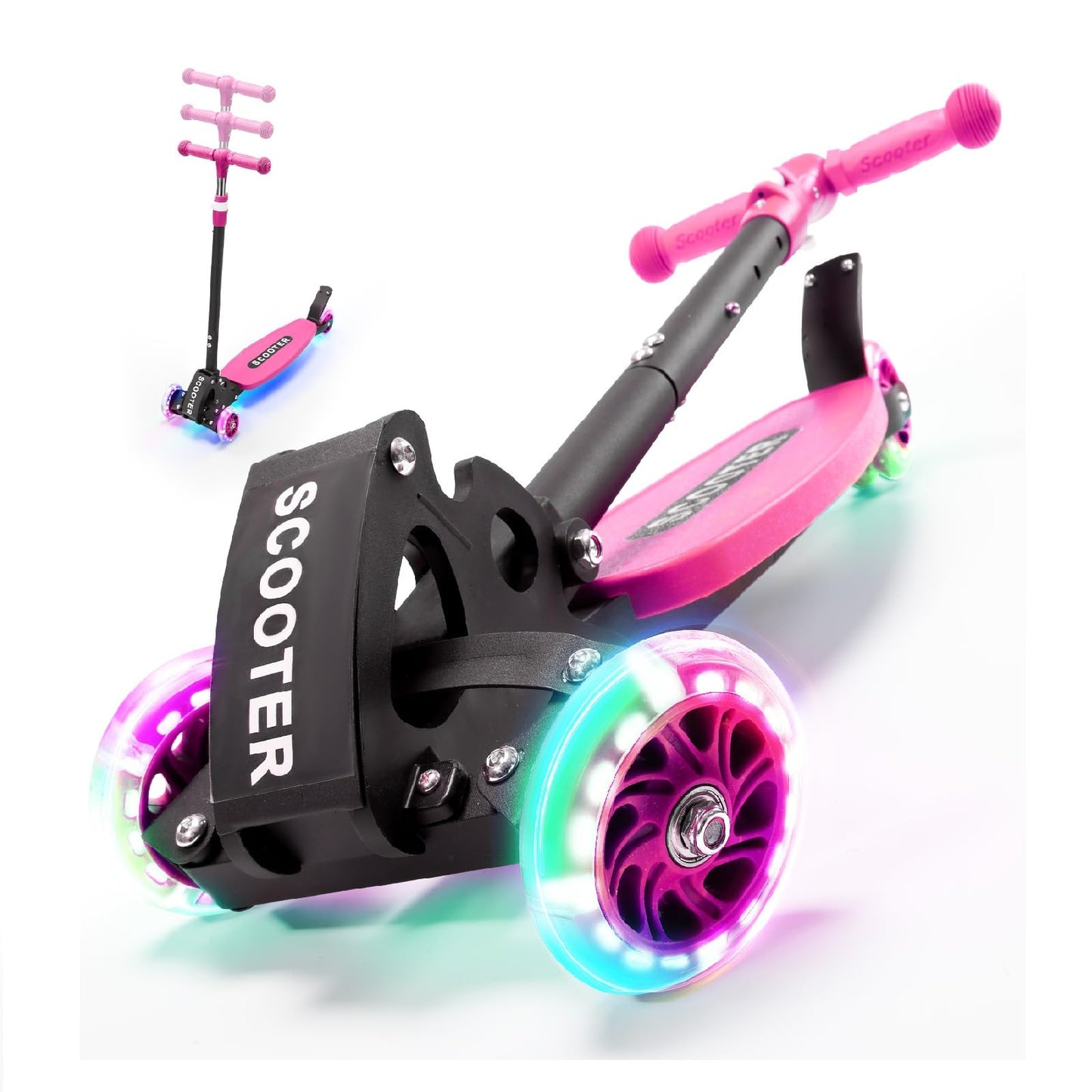 Scooter, Heavy-Duty 3-Wheel Scooter, 3-Speed Height Adjustable, LED Light-Up Wheels, Foldable - Kids Kick Scooter for 6-12 Year Old Boys Girls, 180 lbs Capacity for Birthday Christmas, Pink