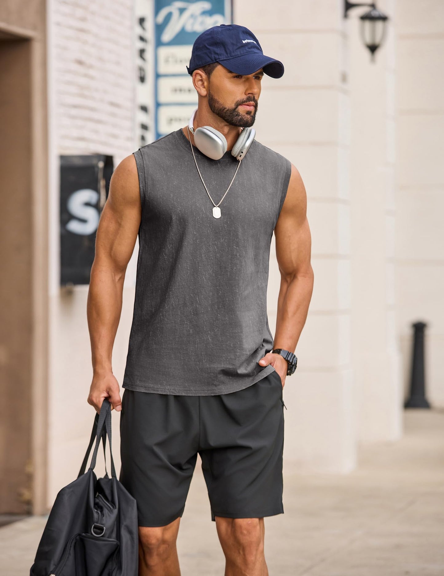 COOFANDY Men's Cotton Sleeveless T Shirt Oversized Workout Tank Top Dark Gray Retro Washed T Shirts Wide Shoulder