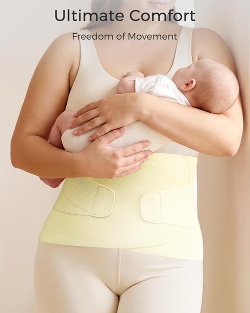 FREETOO Postpartum Belly Band - Soft Abdominal Binder with Back Support | Adjustable Compression, M, Cream