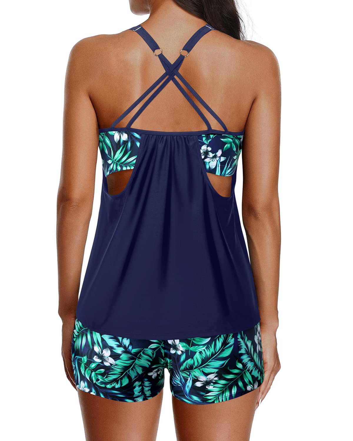 Yonique Tankini Swimsuits for Women Athletic Swim Tank Top with Boy Shorts Two Piece Tummy Control Bathing Suits Navy Blue and Leaf M