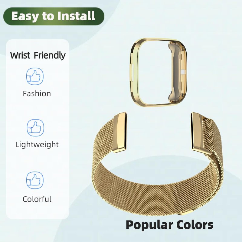 QIEMUTER Band with TPU Case Compatible for Fitbit Versa 3, Stainless Steel Mesh Magnetic Clasp, Adjustable and Breathable Strap for Men and Women (Gold)
