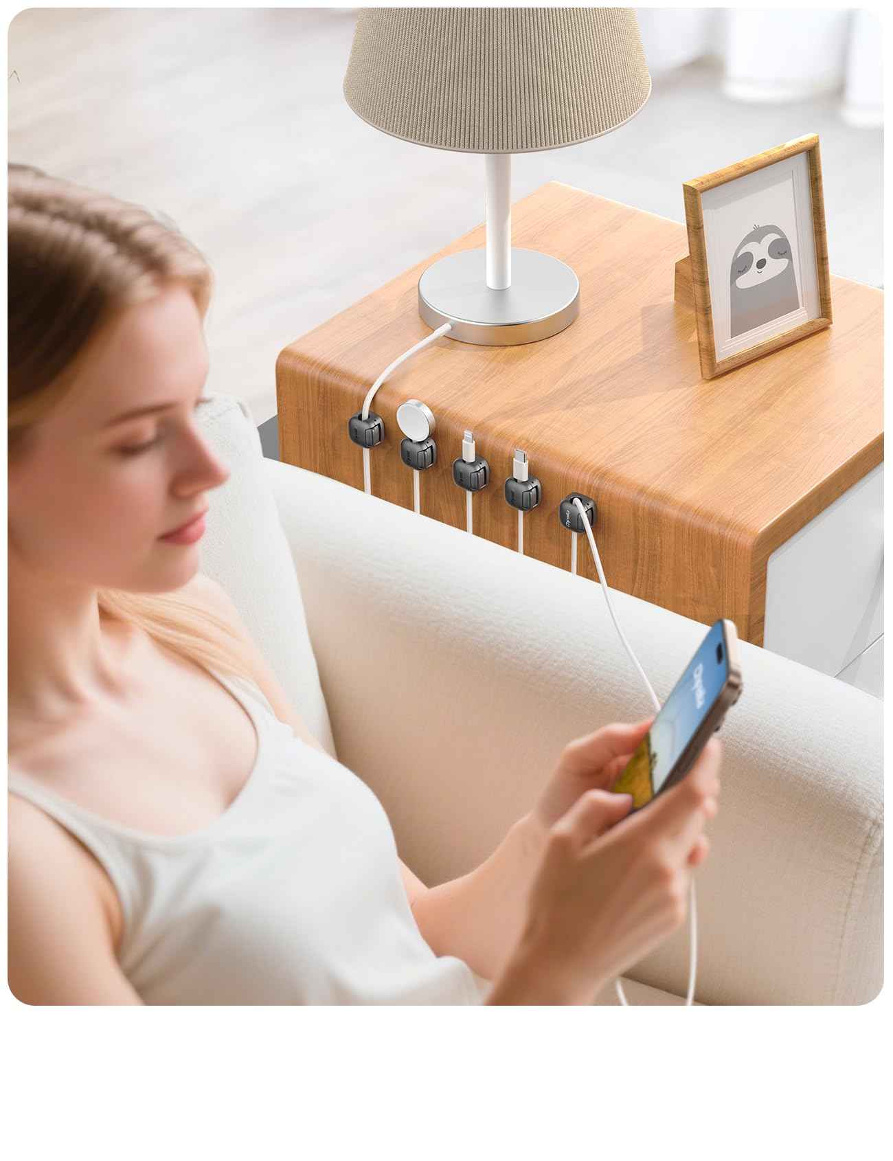 6Pack Cord Organizer - Chfeila [Dual Spring & Clasp Lock] Cable Management Clips, Adhesive Phone Charger Keeper, Compact Wire Holder for Nightstand/Car, Home Office Desk Accessories Decor Essentials