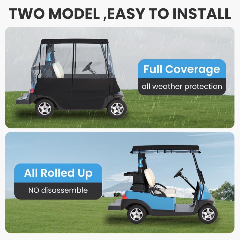 Santiano Golf Cart Cover 2 Passenger - 900D Waterproof Driving Enclosure with 0.5mm Clear PVC, Windproof Rain Protection for EZGO TXT/RXV & Club Car Precedent (Fits Roof up to 58")
