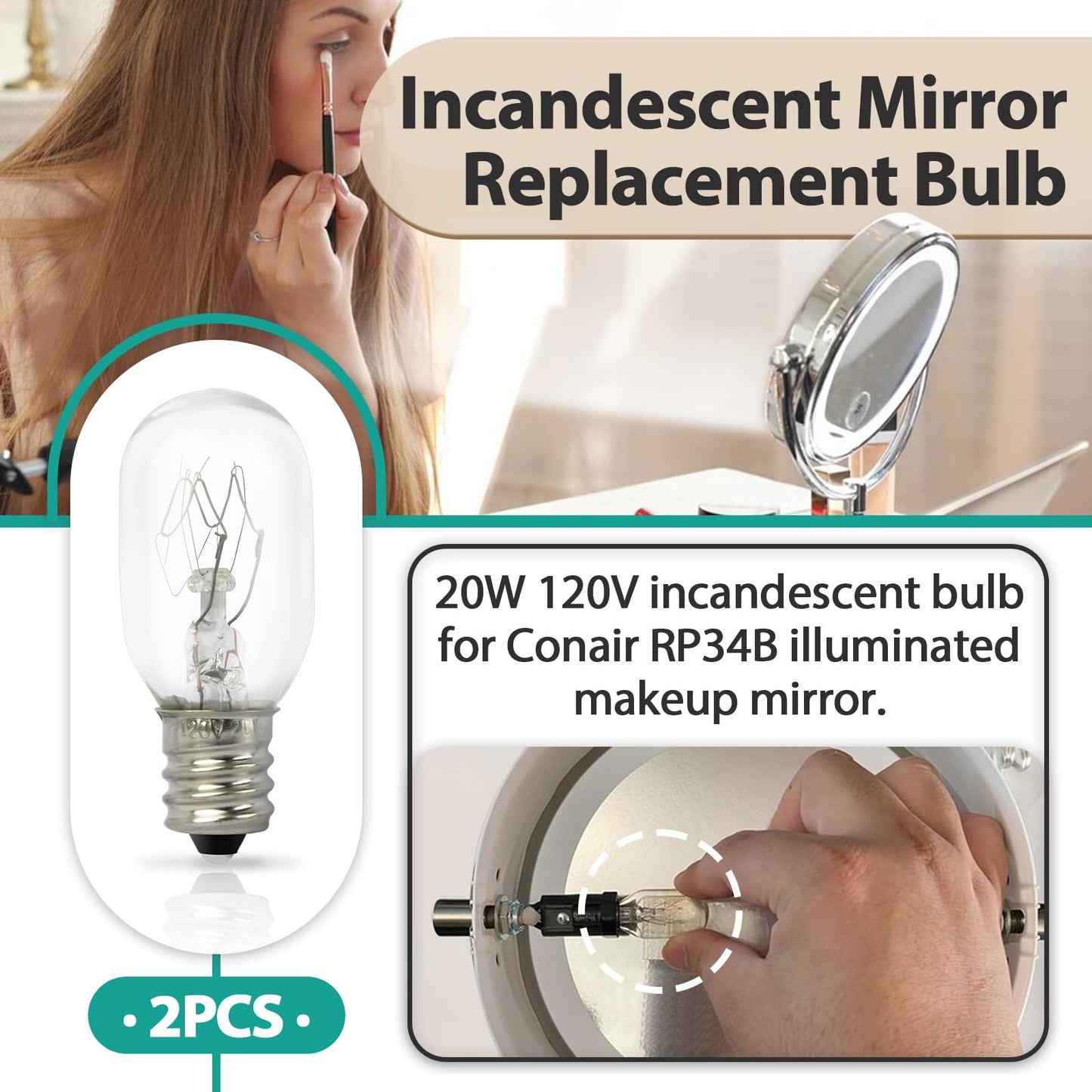 Gfdoso 2Pcs 20W 120V Incandescent Bulb Replacement for Conair RP34B Illuminated Makeup Mirror – E12 Candle Base, 2700K White Light
