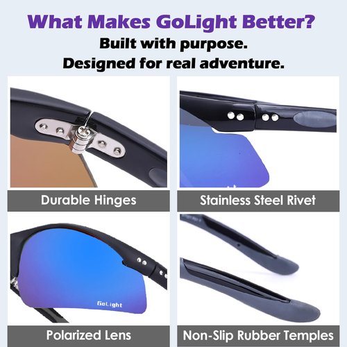 GoLight Polarized Sports Sunglasses for Men & Women – UV400, Anti-Glare, Lightweight Frame,Metal Hinges – for Running,Driving (Shiny Black/Black Red Revo)