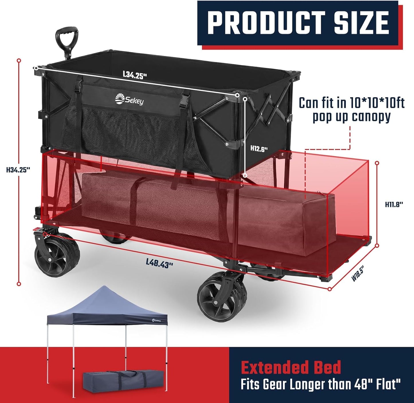 Sekey Heavy Duty Double Decker Wagon - 500Lbs Capacity, All-Terrain Big Wheels, Foldable Design for Camping & Sports