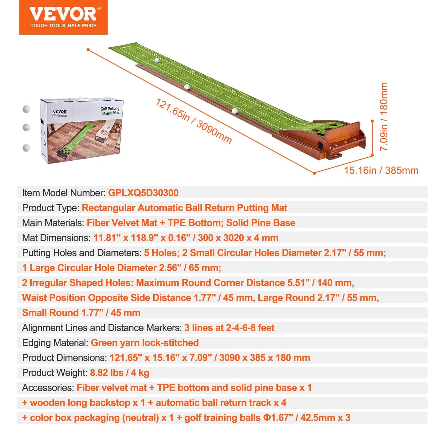 VEVOR Golf Putting Mat, 2 Hole Indoor Putting Green, Wrinkle-Free Golf Training Aid, Mini Golf Set with Auto-Ball Return, Alignment Guide, 3 Ball, Wood Base, Game Practice Gift for Home Office
