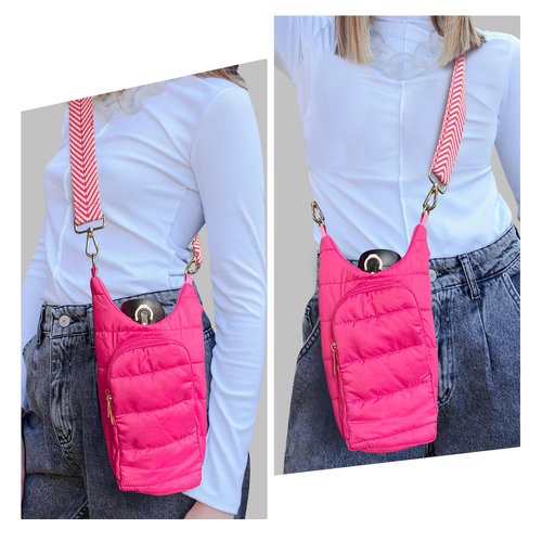 heluqu Water Bottle Carrier Bag - Quilted Crossbody Water Bottle Holder with Strap, Stylish Puffer Tote Bag for Water Bottle, Water Bottle Sling Bag for Outdoor Travel, Hot Pink
