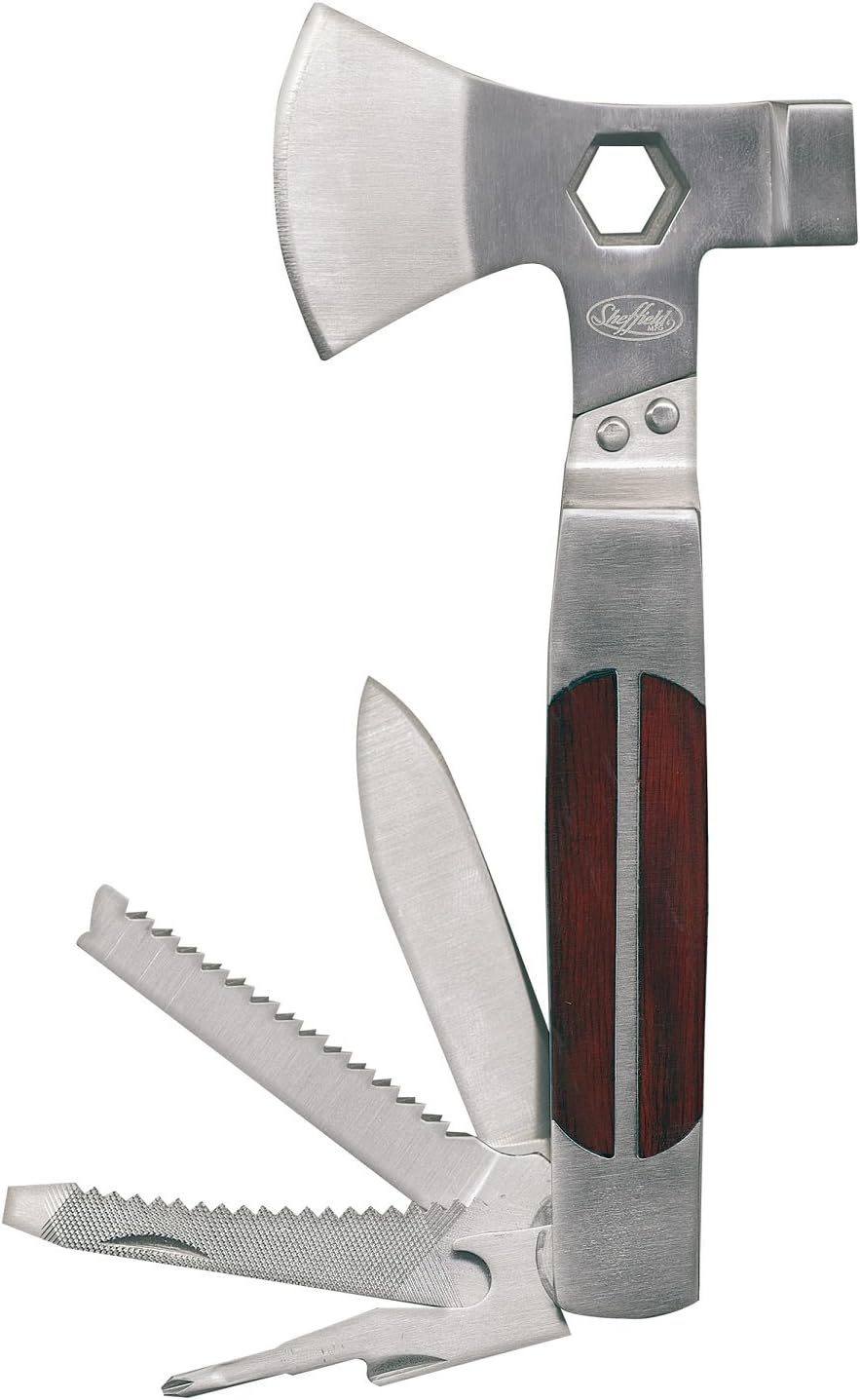 Sheffield 12301 Multi Tool Axe - 12-in-1 Camping Utility Tool with Stainless Steel Knife | Perfect Gifts for Men & Dads