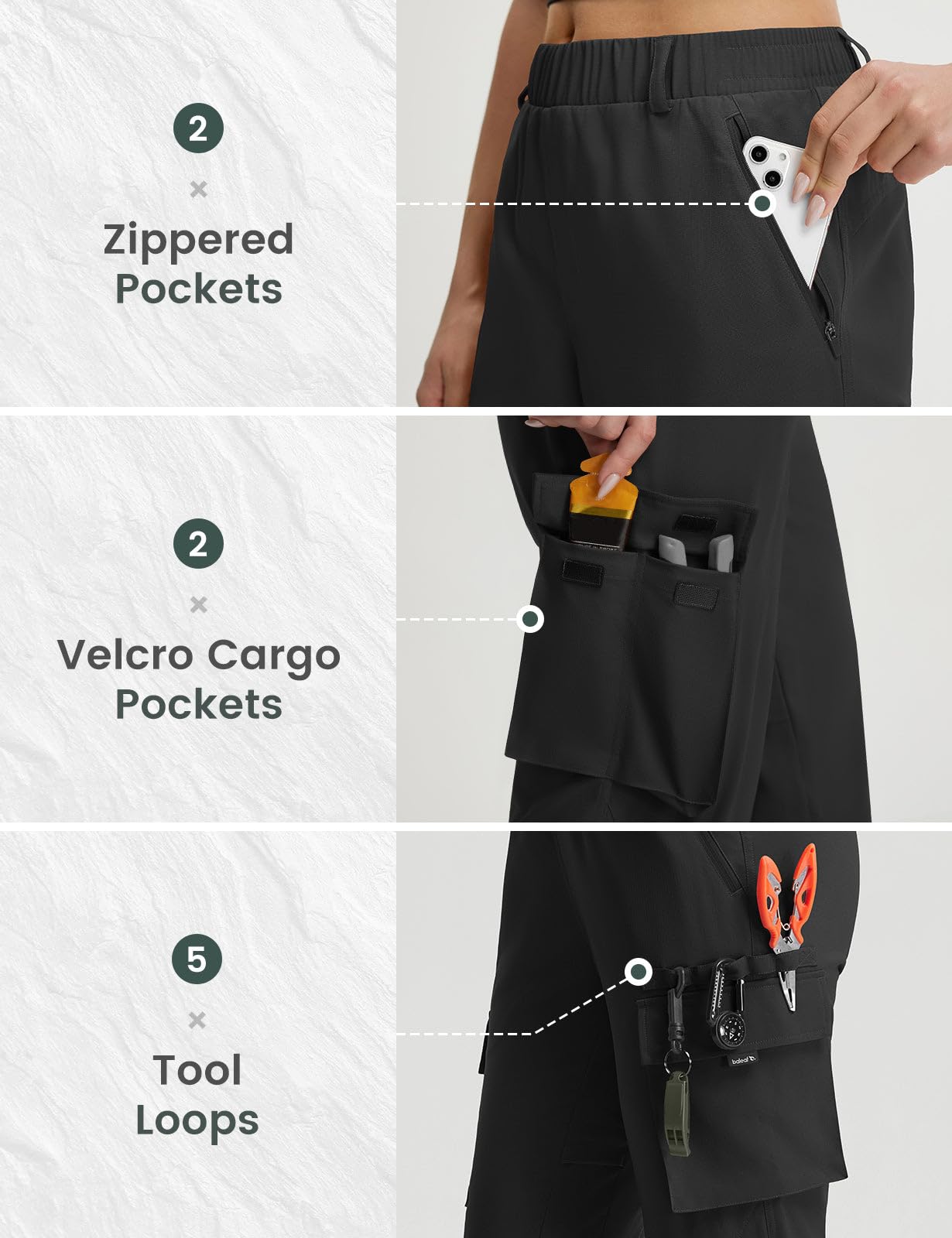 baleaf Women's Hiking Pants Lightweight Water Resistant Quick Dry Cargo Trail Pants with Zippered Pockets Summer SPF Black M