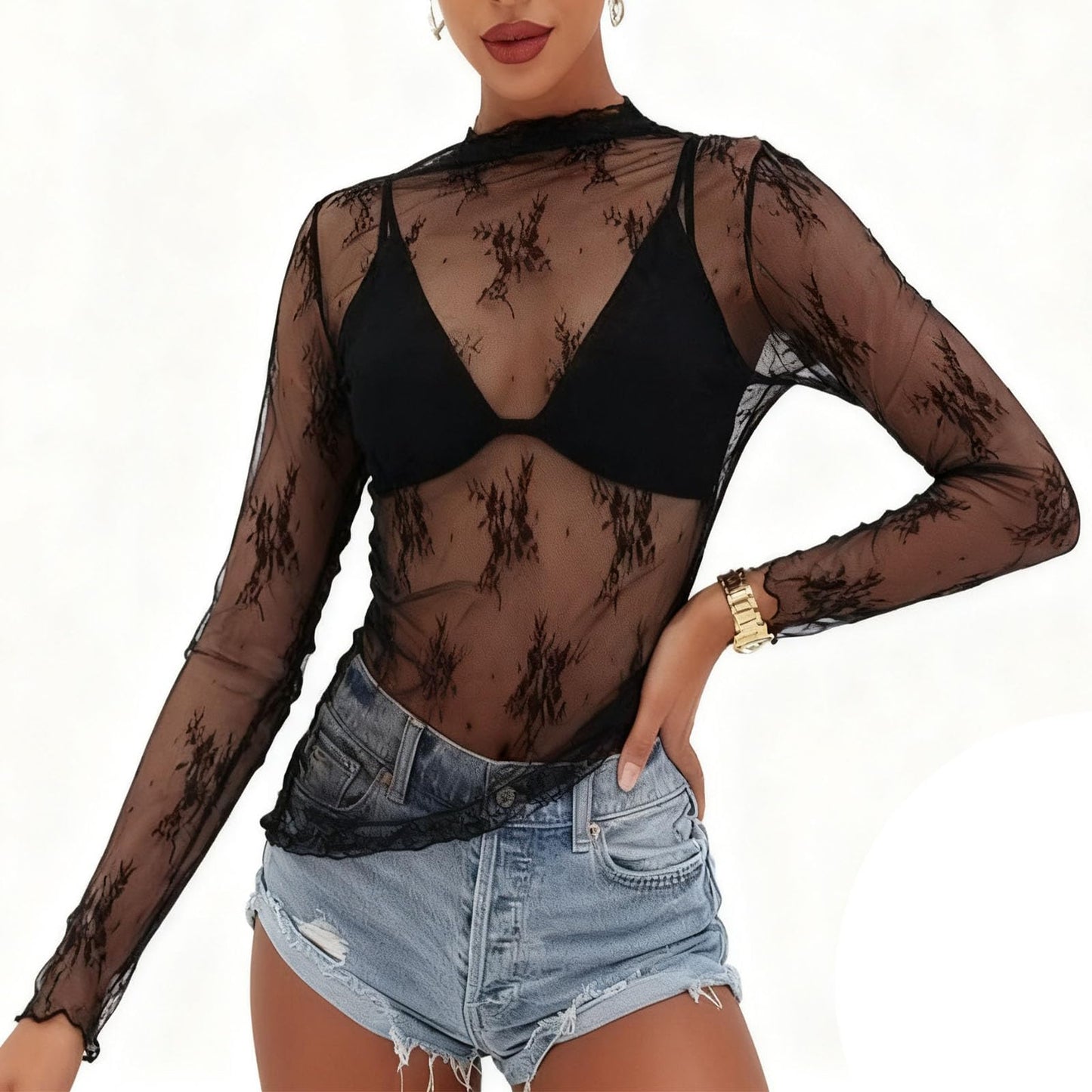 Women's Lace Mesh Long Sleeve Tops, Sexy See Through Mock Neck Sheer Shirt for Date Night & Party & Club Blouse (US, Alpha, Medium, Regular, Regular, Black)