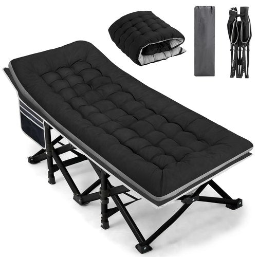 Fragess Portable Camping Cot, Sleeping Cots for Adults, 28" Extra Wide Heavy Duty Folding Cot Max Load 600LBS with Thick Mattress, Portable Camping Bed for Outdoor Camp/Office, Home Nap (Black)