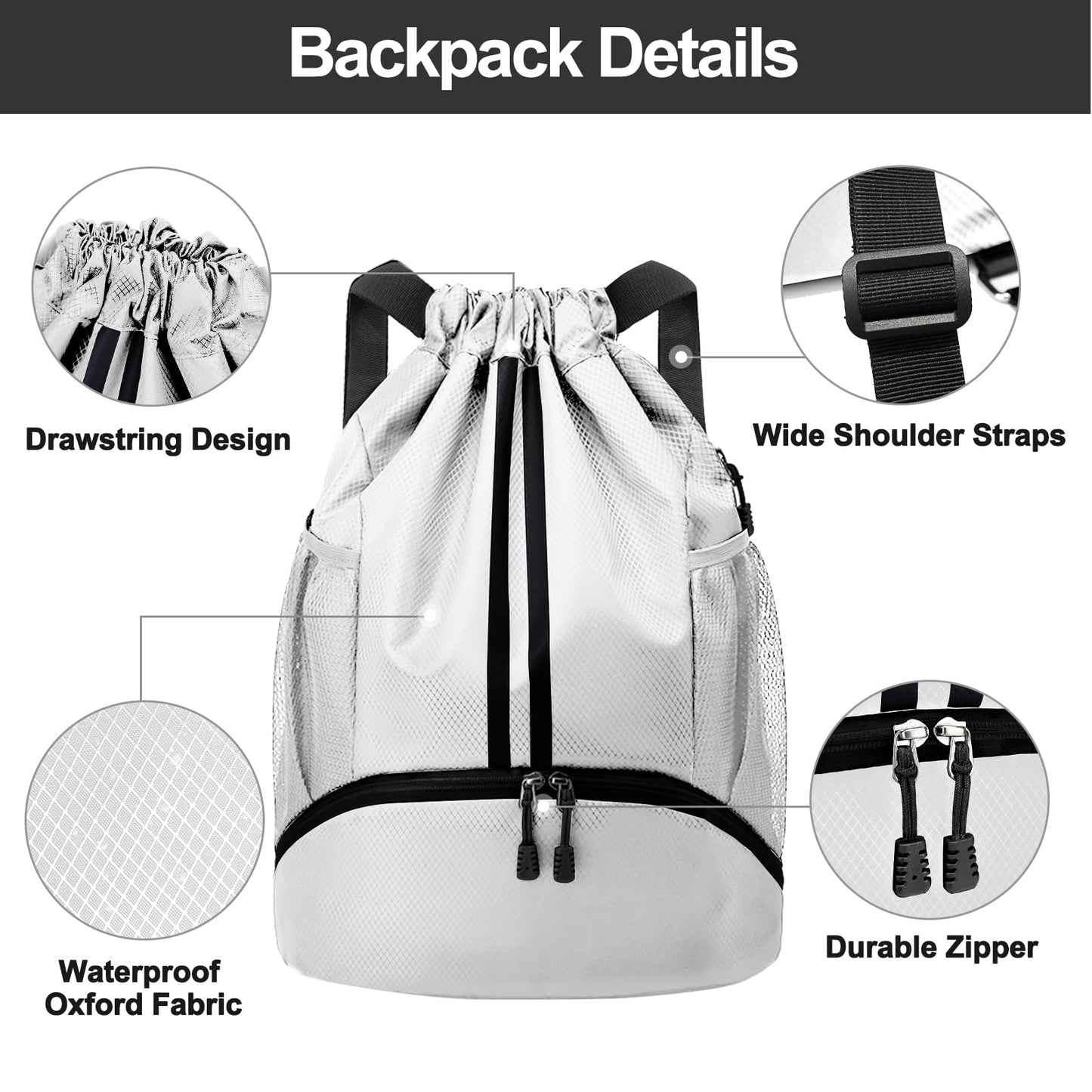 Hoedia Sports Drawstring Backpack - Swim Gym Bag for Women and Men, White