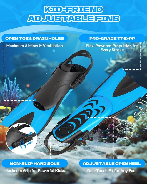 Aegend Snorkeling Gear for Kids - Anti-Fog Mask, Adjustable Fins & Dry Snorkel | Complete Snorkel Kit