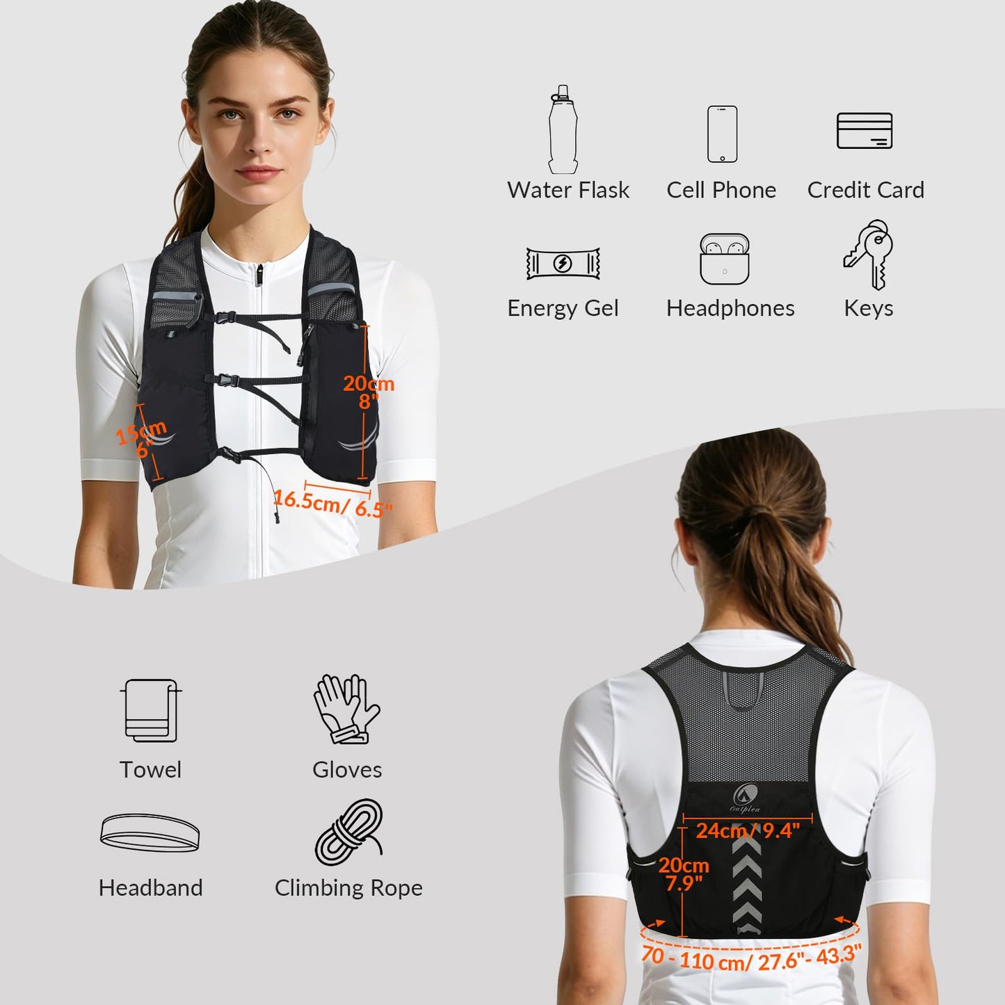 Outplea Lightweight Running Vest with 2pcs 500ml Water Bottle for Men Women, Reflective Water Vest Hydration Pack Hydropack for Hiking, M/L