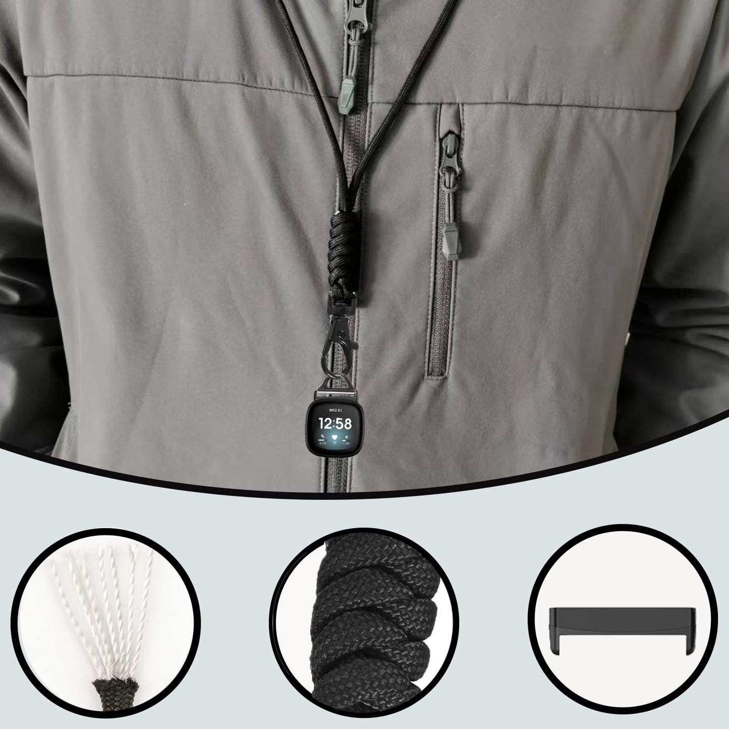 Nylon Necklace Compatible with Fitbit Versa 4/Versa 3/Sense 2/Sense Weave Breathable Necklace Chain Pendent Clip Women Men