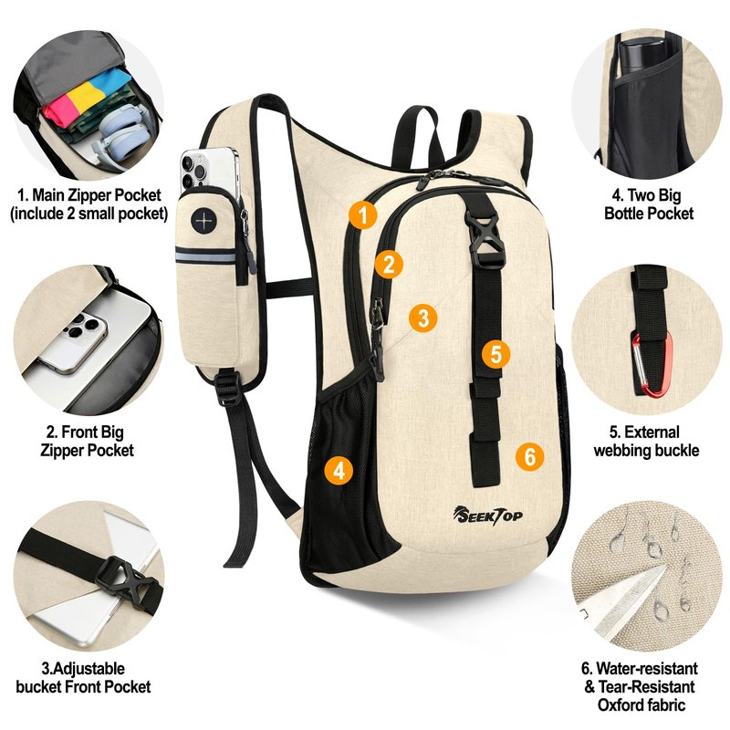 Seektop 15L Small Hiking Backpack for Women Men, Lightweight Hiking Packable Daypack with Phone Pocket for Travel Camping (Beige, 15L)